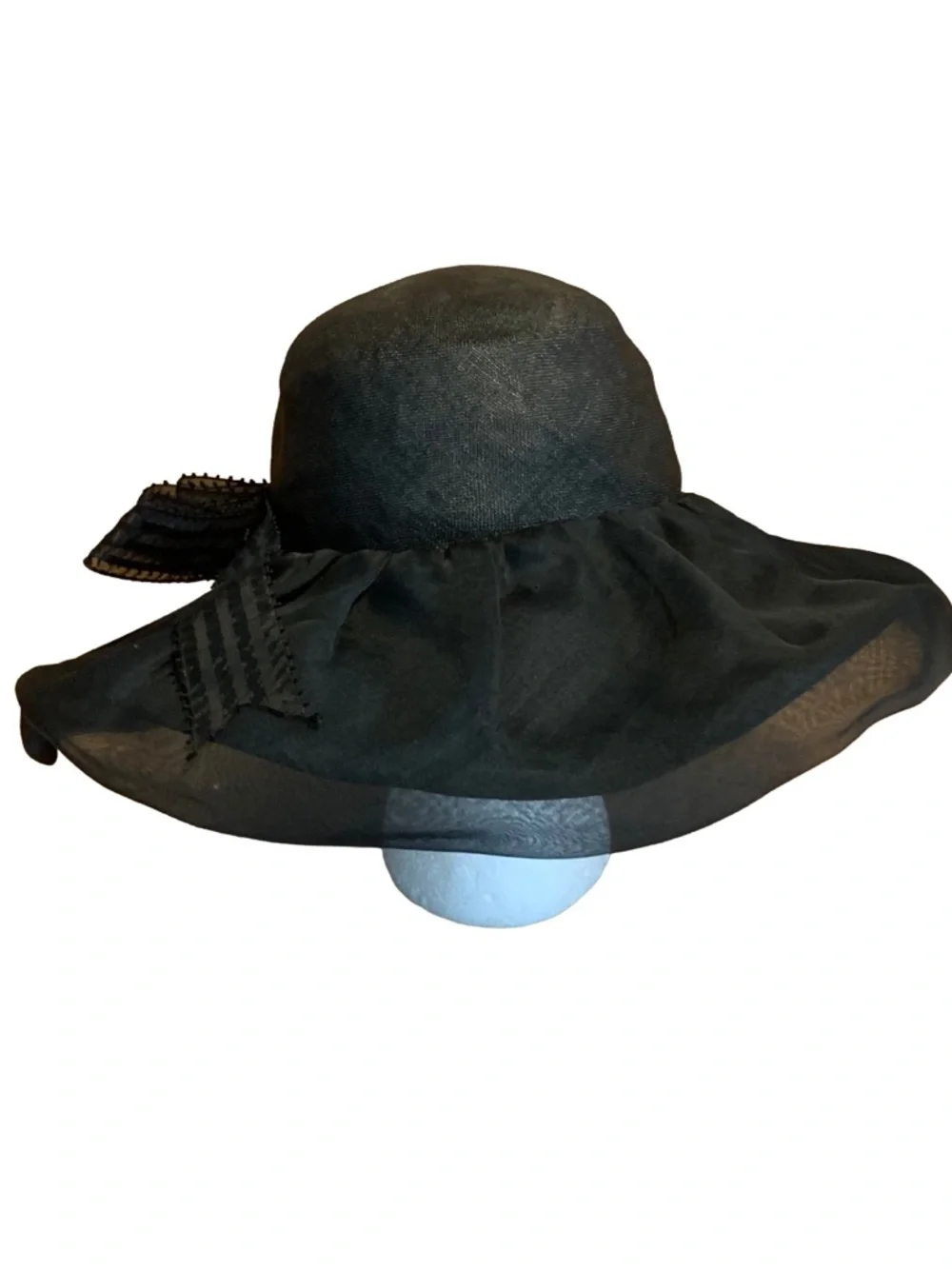 VINTAGE ADOLFO II BLACK WIDE BRIM LINEN HAT WITH STRIPED BOW - Picture 6 of 12